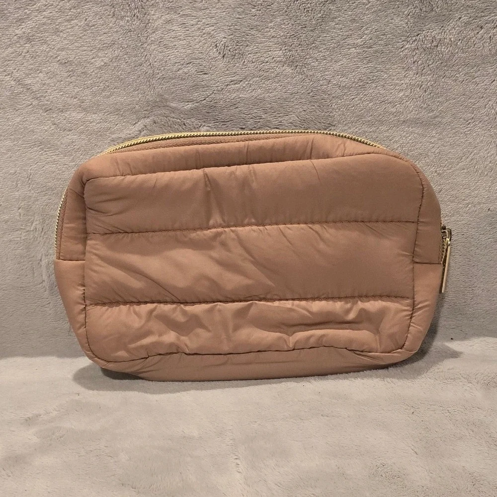 Tan Puffy Quilted Cosmetic Bag Puffer Makeup Pouch Gold Zipper Toiletry Case